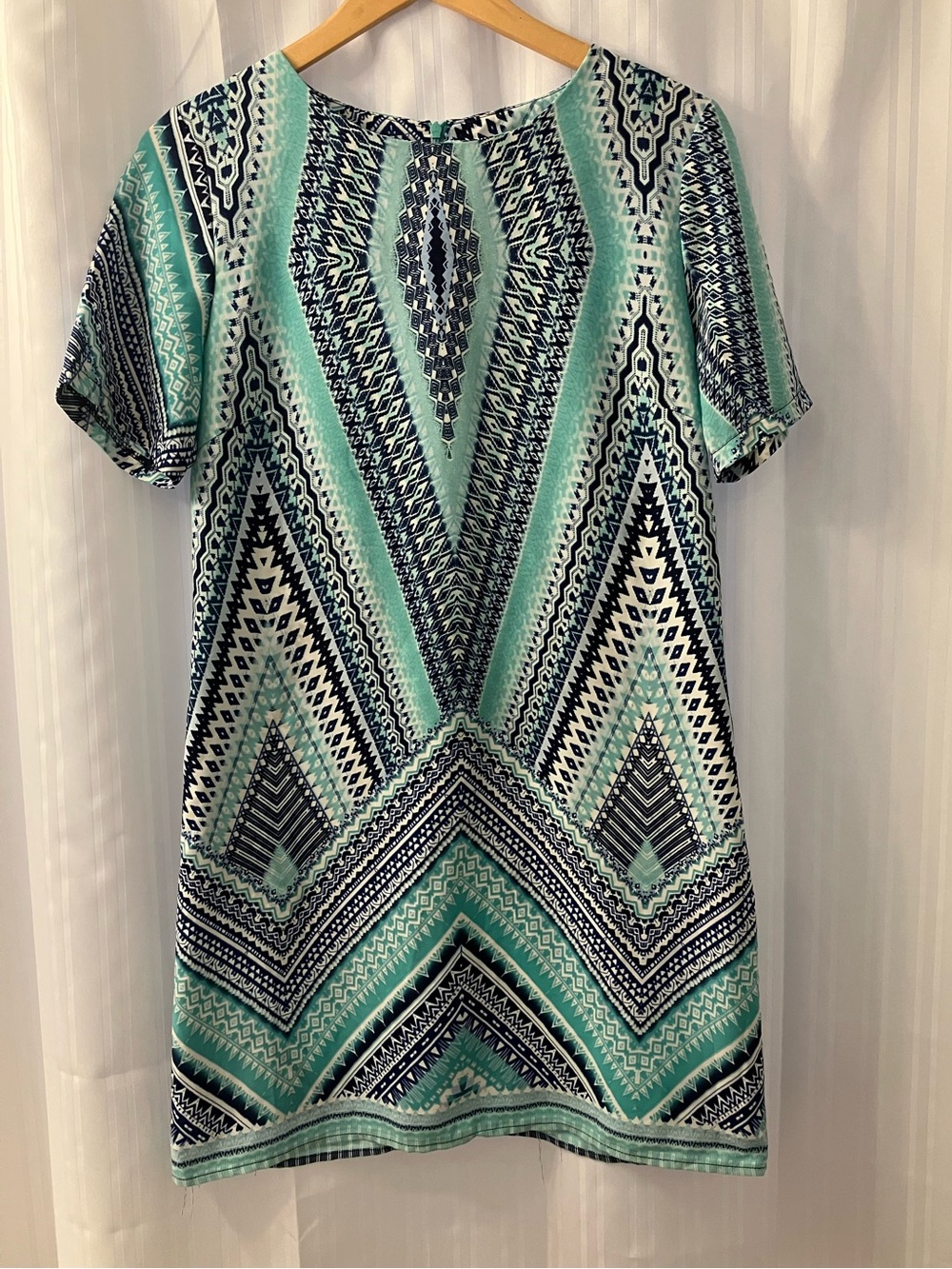 Funky Blue & Teal Shift Dress with Geometric Pattern